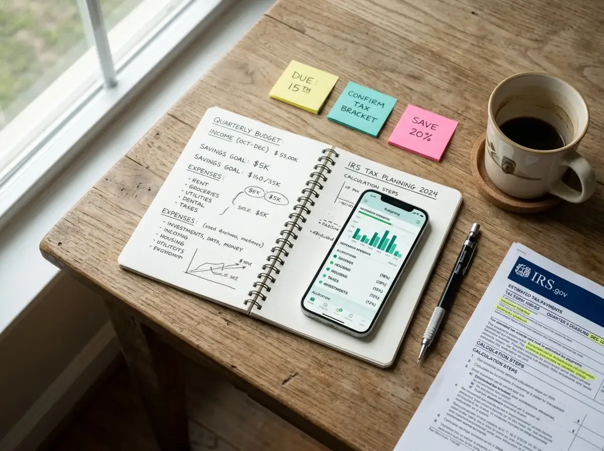 Finance research desk with notebook and budgeting app — Dollar Vista