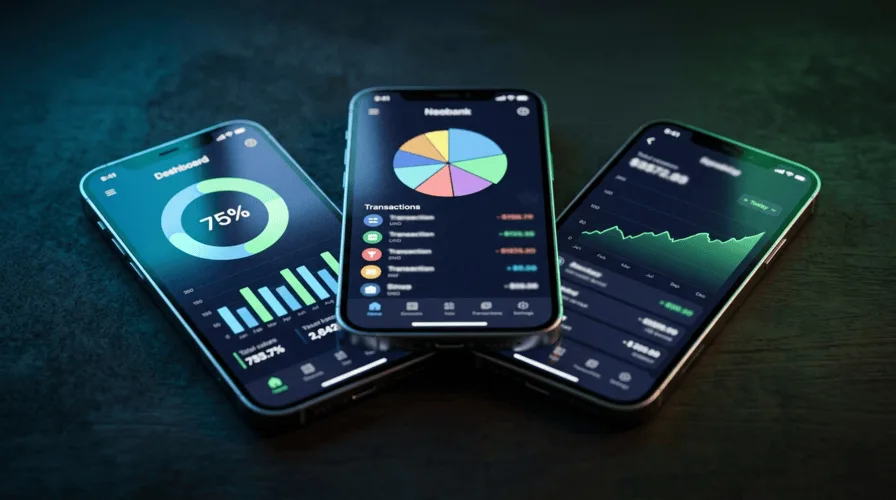 Three smartphones displaying neobank apps for Gen Z users