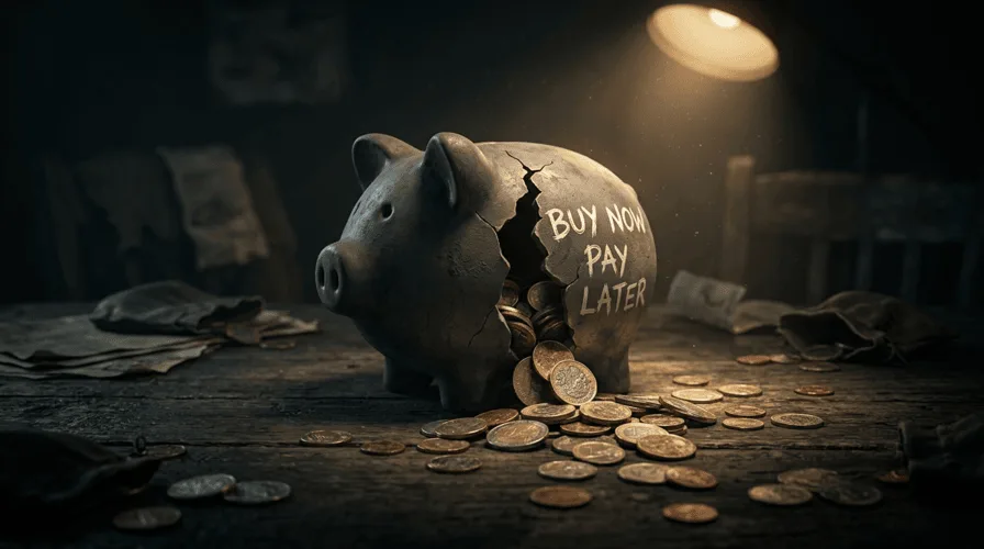 Cracked piggy bank representing the financial risks of Buy Now Pay Later for Gen Z