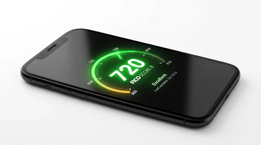 Smartphone displaying a 720 FICO credit score dial