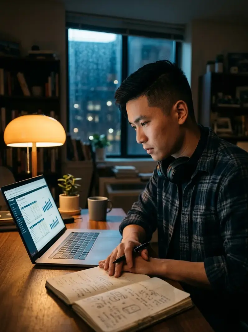 Young person studying personal finance at a desk — Dollar Vista