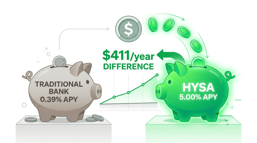 Infographic comparing traditional bank savings 0.39% APY vs high-yield savings account 5% APY