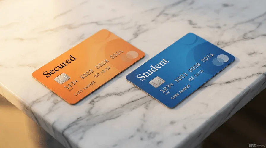 Secured credit card vs student credit card side by side on marble surface