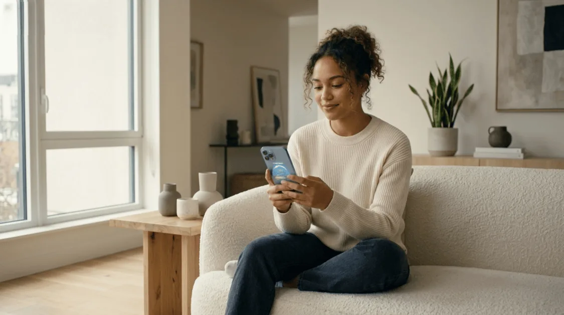 Young Gen Z woman checking her credit score on her phone in a modern apartment